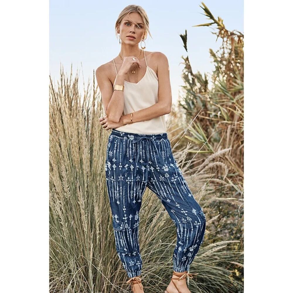 Johnny Was Vera Blue Denim Embroidered Lyocell Cargo Jogger Pants Size XS